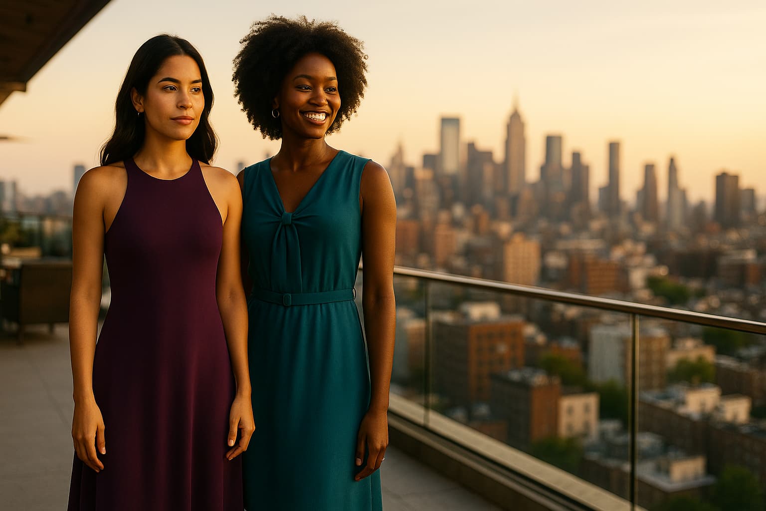 Elegant dresses — golden hour rooftop