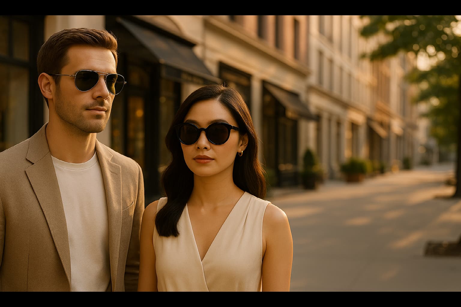 Luxe sunglasses — cinematic city backdrop